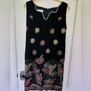 Vintage 90s Augustine's Black Velvet Dress, Floral Metallic Embroidery S/M